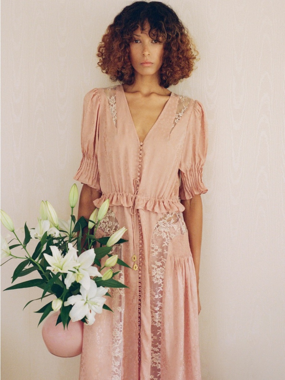 Sea New York Ethel Blush Lace-Trim Midi Dress